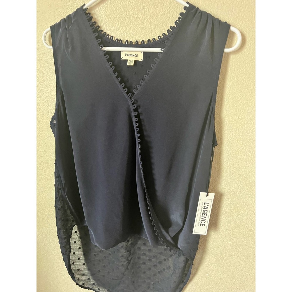 L'AGENCE Mila Silk Draped Wrap Tank Blouse Top Navy Blue Swiss Dot XS